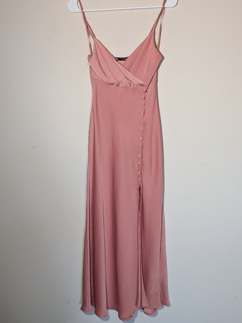 Zara Buttoned Coquette Satin Midi Slip Dress Blush Dusty Pink Size XS